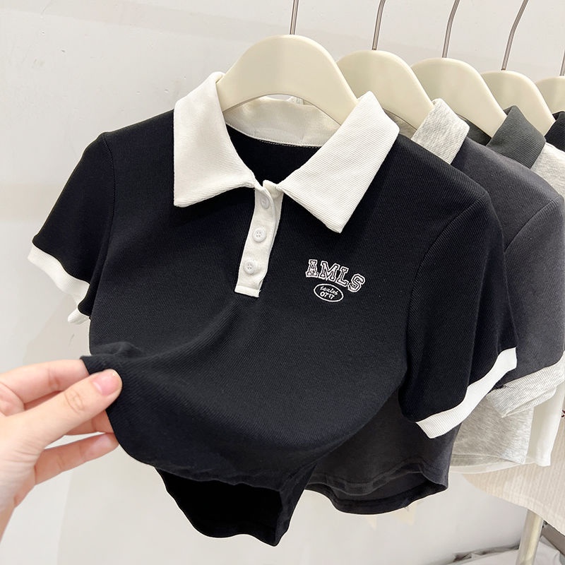 Áo Thun polo Ngắn Tay Màu Sắc Trơn Phong Cách Hàn Quốc Thời Trang Mùa Hè Cho Bé Gái