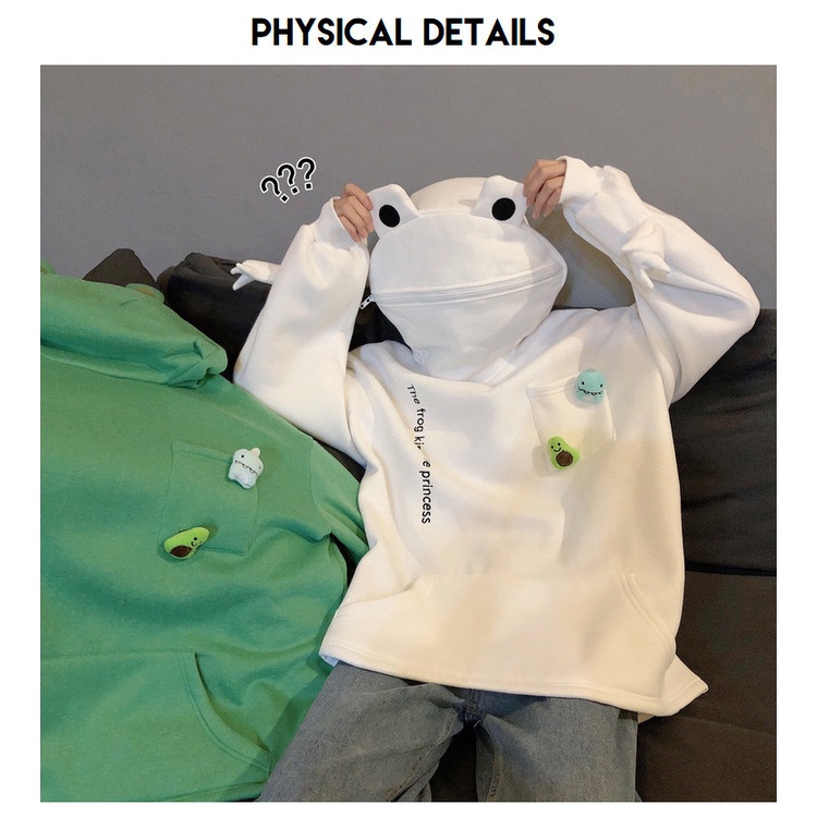 Áo Khoác Sweater Chui Đầu Phối Nhung Dày Dáng Rộng In Hình Ếch Thời Trang Thu Đông Mới Cho Cặp Đôi