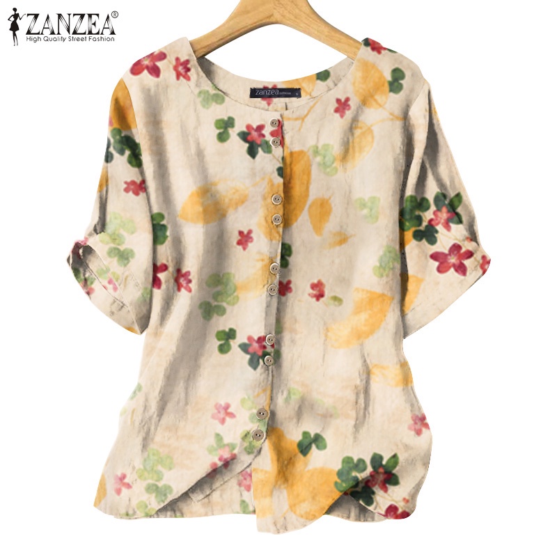 Zanzea Áo Sơ Mi Tay Lửng Cổ Tròn In Họa Tiết Hoa Thời Trang Cho Nữ