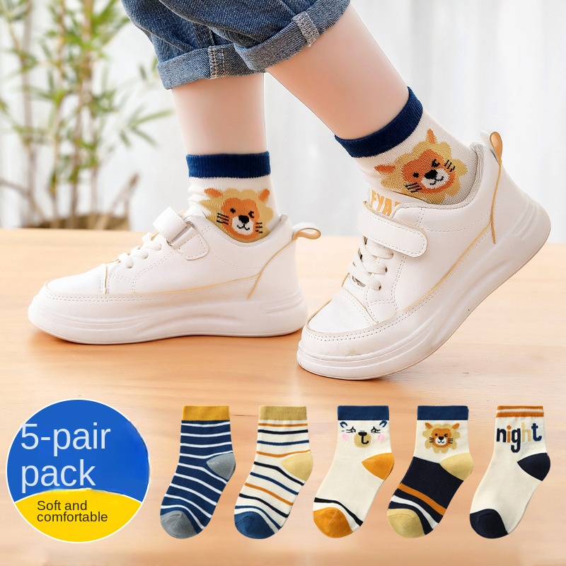 Set 5 Đôi Tất Cotton Chống Trượt Thoáng Khí In Hình Sư Tử Hoạt Hình Thời Trang Thu Đông 2023 Cho Bé