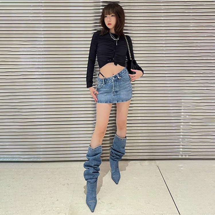 Giày Bốt Denim Cổ Cao Qua Gối Mũi Nhọn Dáng Ôm Thời Trang Cho Nữ