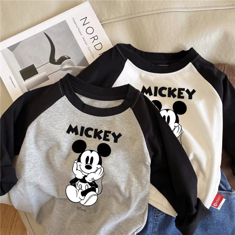 Áo phông cotton xịn  bông tinh khiết áo dài tay bé gái áo sơ mi hoạt hình in dài raglan tay áo trẻ em mặc