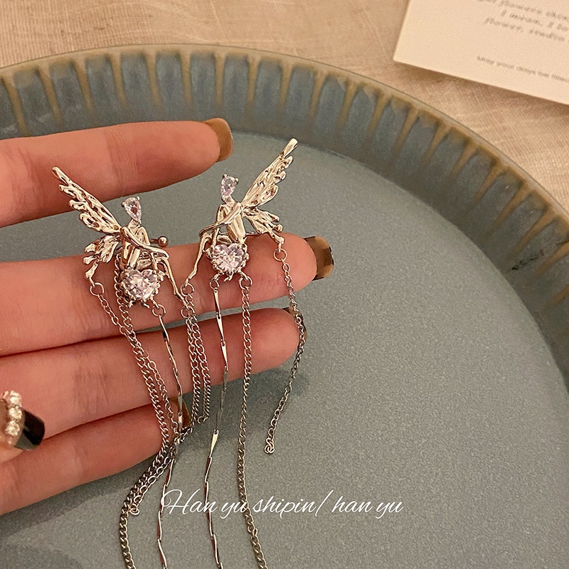 Bộ Khuyên Kẹp Vành Tai Dáng Dài Hình Thiên Thần Đính Đá Dễ Thương Phong Cách Hàn Quốc