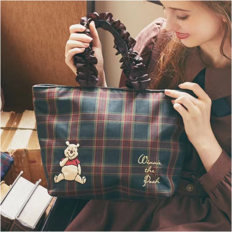 Moweikaidi Túi tote Kẻ Sọc Caro Thêu Hình Gấu pooh Phong Cách Nhật Bản