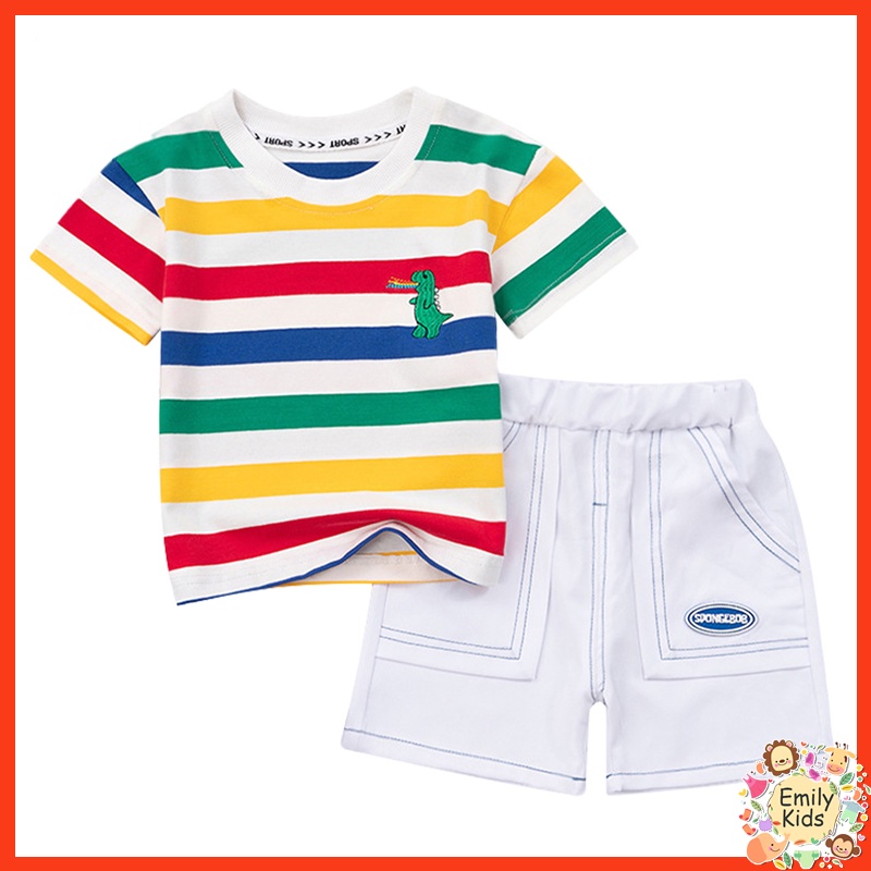 Bộ Đồ Thể Thao Cotton Ngắn Tay Họa Tiết Kẻ Sọc Nhiều Màu Thời Trang Mùa Hè Hàn Quốc Dành Cho Bé Trai Gái 1-8 Tuổi
