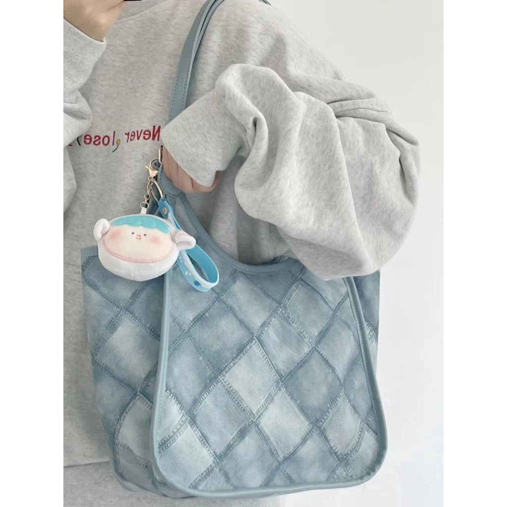 Túi Xách Denim Cỡ Lớn 30X35 Phối Màu Tương Phản Phong Cách Nhật Hàn Cho Nữ