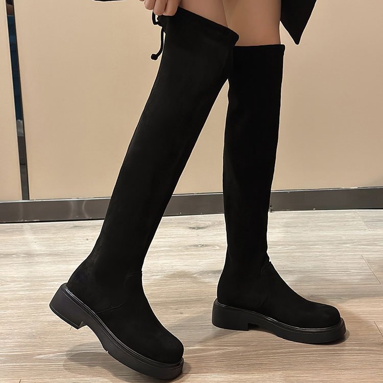 Giày Bốt Da Lộn Gót Dày Mũi Tròn Cột Dây Sau Lưng Chất Liệu Co Giãn Thoáng Khí Thời Trang Mùa Đông Cho