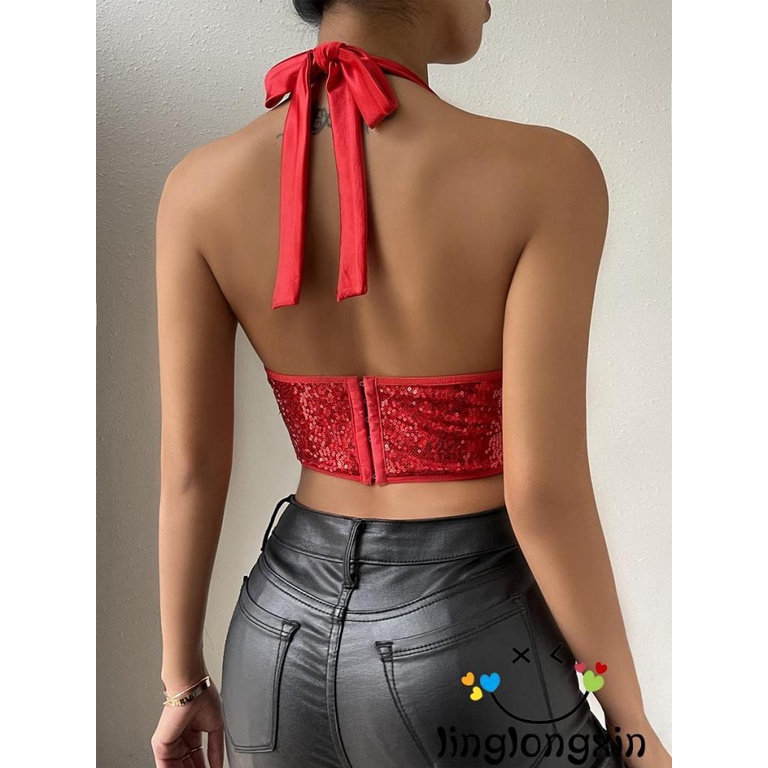 Áo 2 Dây Đính Kim Sa Buộc Dây Hở Lưng Gợi Cảm Cho Nữ