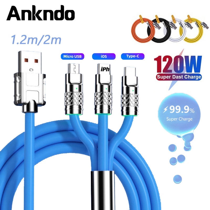Dây Cáp Sạc Ankndo USB Type-c 3 Trong 1 120W 6A Bằng Kim Loại Đầu USB Cho Android Samsung Xiaomi Huawei