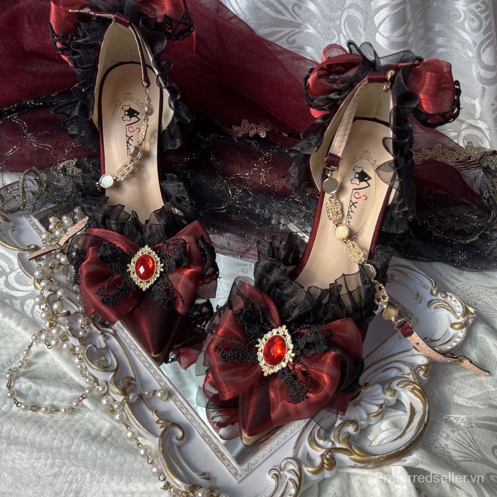 Worry-giày Cưới Lolita Cao Gót Đính Hoa Thủ Công Màu Tối Phong Cách Gothic Mùa Hè Cho Nữ Miaojiang