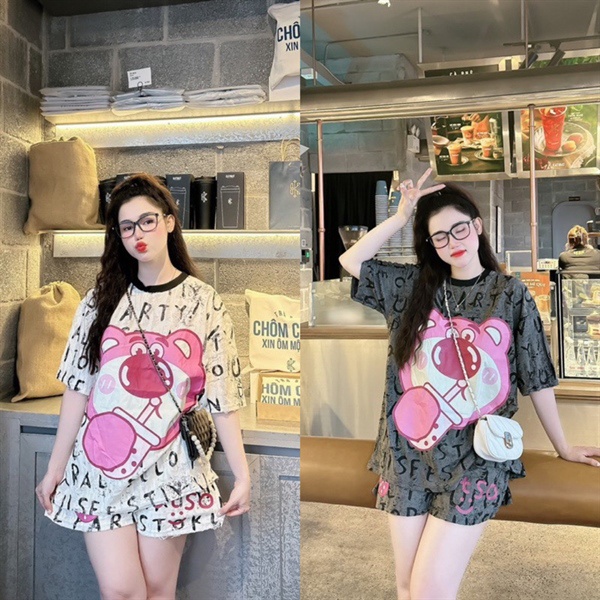 Bigsize Set nhung rách in hình gấu dâu cutee 55-95kg