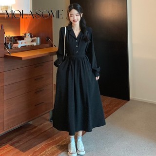 MOLASOME Đầm Maxi Nữ Thời Trang Mới Màu Trơn Tay Dài Cổ Chữ VSlim Fit