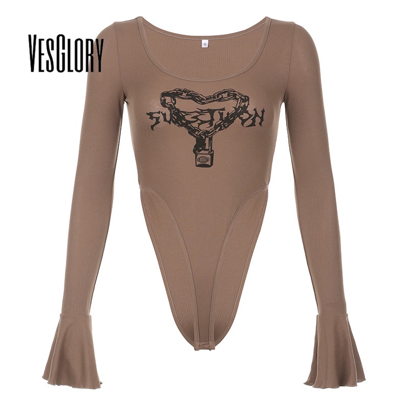 Áo liền quần VESGLORY eo cao tay dài cổ chữ V màu trơn thời trang gợi cảm 2023 cho nữ