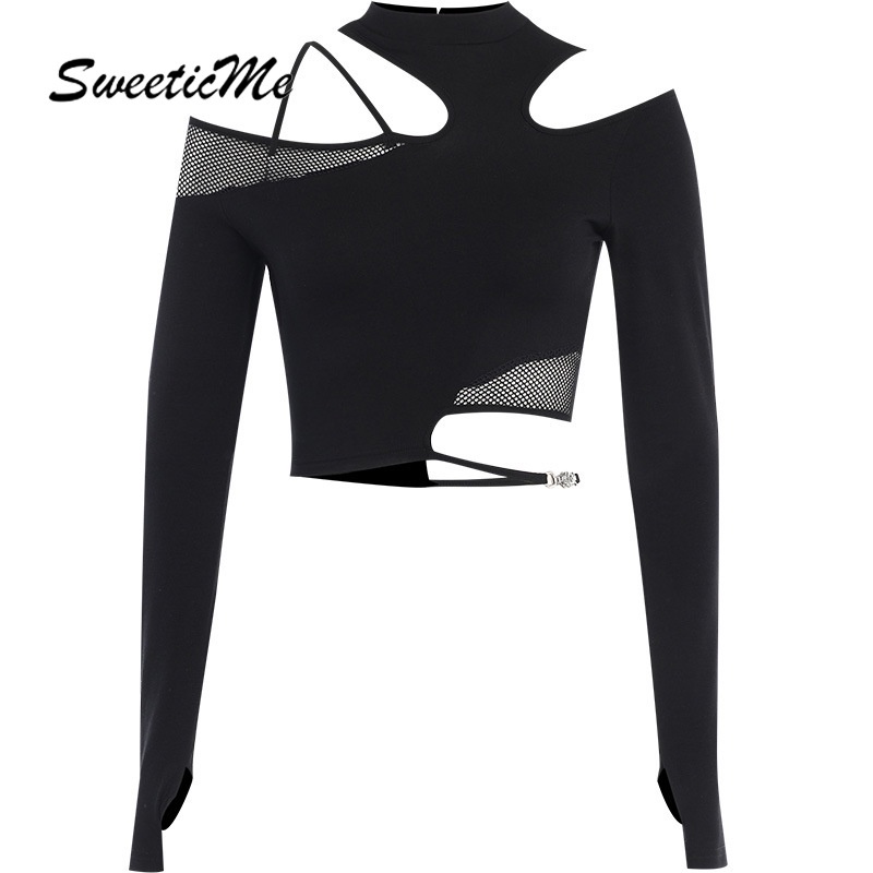 Sweeticme women's 2023 thời trang mới màu rắn không đối xứng áo dài tay gợi cảm thời trang dạo phố cắt ra t-shirt