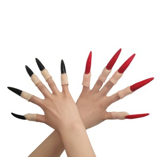 Bộ 10 móng tay giả hóa trang halloween hình vuốt ma cà rồng màu đỏ đen