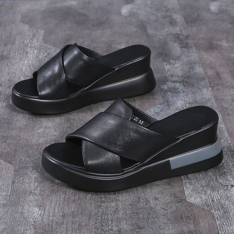 Thick-soled wedge sandals nữ mang sandals và slippers bên ngoài mùa hè cộng với size high-heeled sandals nữ.