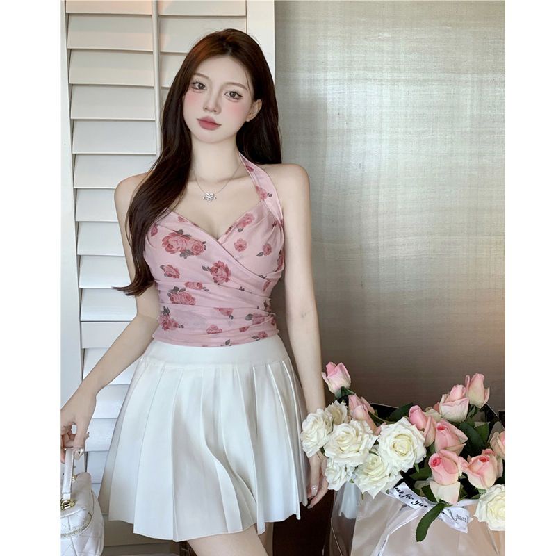 Áo Hai Dây Mùa Hè Dáng Ngắn In Họa Tiết Phong Cách Pháp Thanh Lịch Cho Nữ