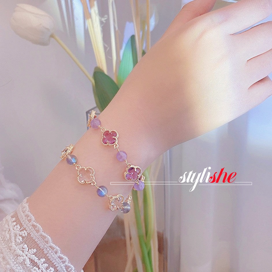 Vòng tay cỏ bốn lá cho phụ nữ moonstone thạch anh tím trang sức trong vòng tay chuỗi tay hàn quốc phụ kiện thời trang