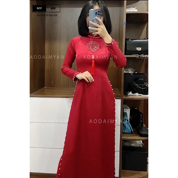 Aó dài cô dâu lụa vân gỗ 2 tà cao cấp, duyên dáng hot trend 2023-AD11