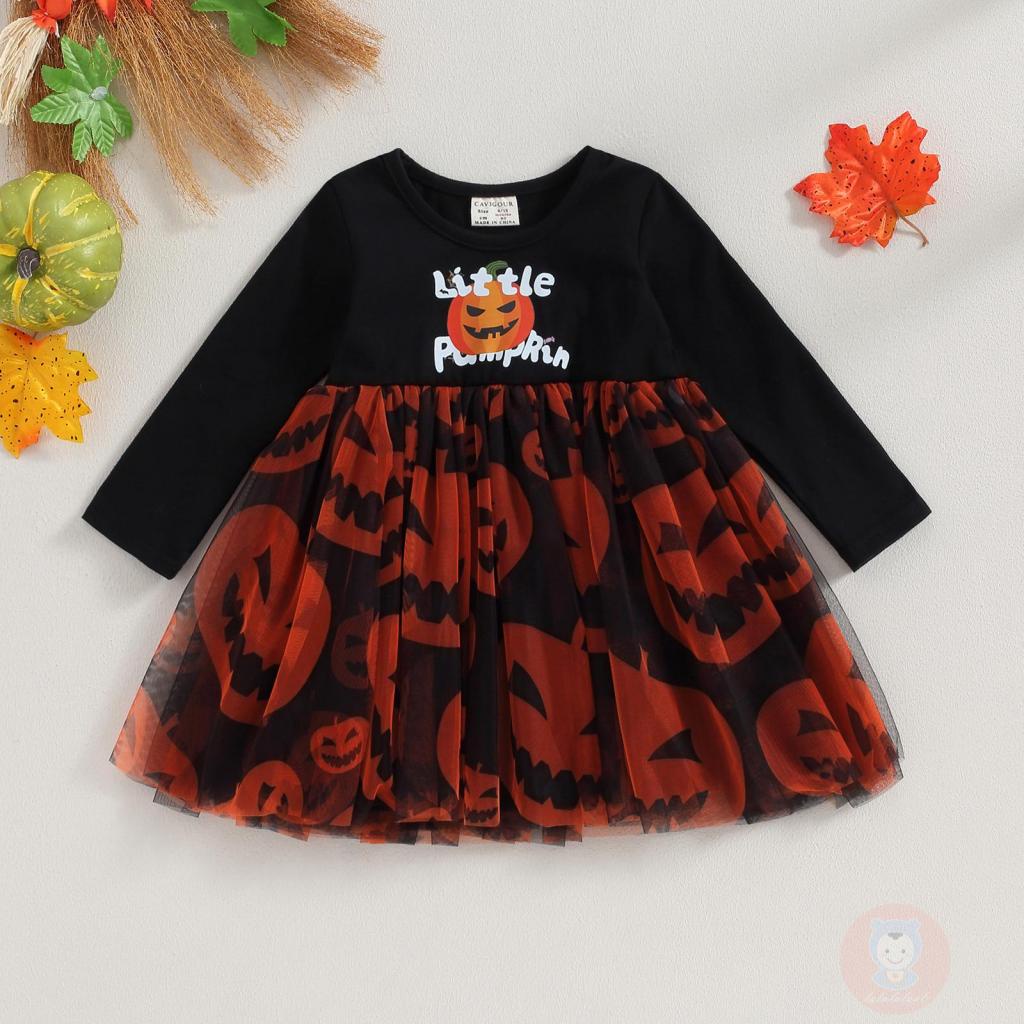 Đầm Xòe Chữ a Tay Dài Cổ Tròn Họa Tiết halloween laa6 Cho Bé Gái