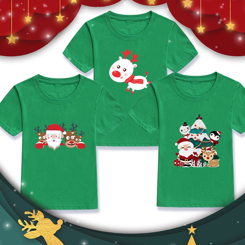 Áo Thun Tay Ngắn In Hình Ông Già Noel Tuần Lộc Giáng Sinh Màu Xanh Lá Dễ Thương Cho Bé Trai Và Gái