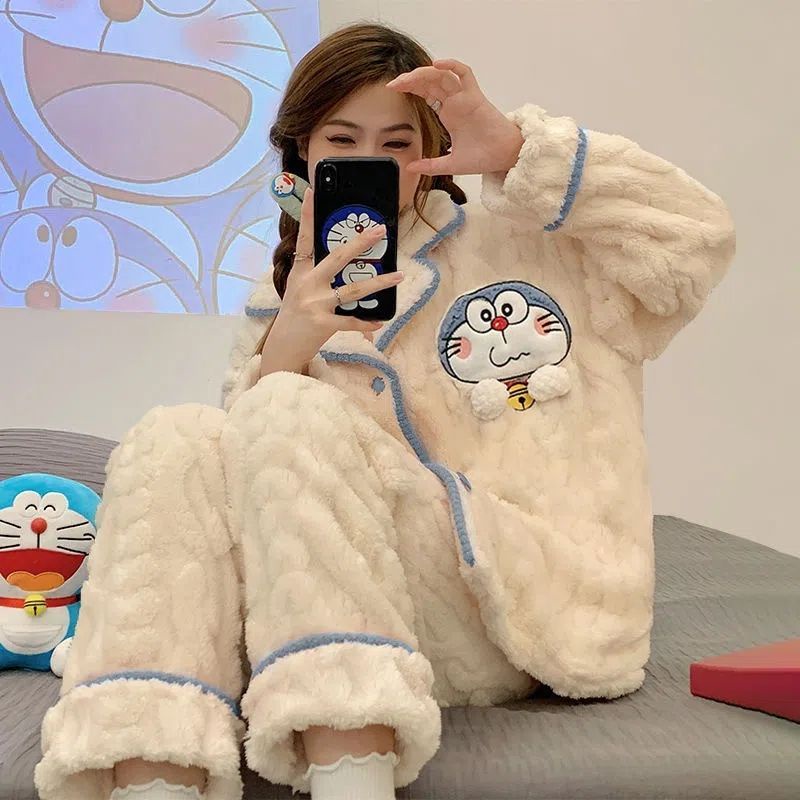 Phiên bản hàn quốc ins doraemon pyjamas phụ nữ mùa thu đông lót lông cừu dày bộ đồ mặc nhà học sinh có thể mặc bên ngoài lông cừu san hô