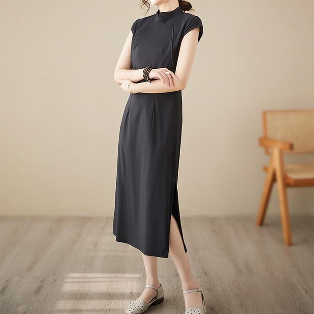 Ice cotton linen thương hiệu giảm giá cắt nhãn xuất khẩu ngoại thương đuôi hàng phong cách quốc gia váy đen đẹp nữ pháp cải tiến sườn xám