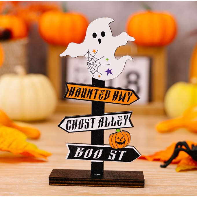 Mô hình HALLOWEEN - trang trí để bàn và treo tường bằng gỗ - Bí ngô ngộ nghĩnh và ma trắng