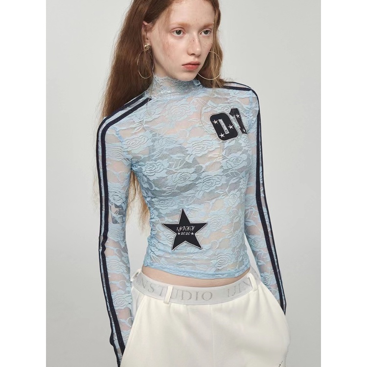 1jinn studio contrast color retro lace hot girl long-sleeved t-shirt half-high collar slim fit with micro-permeable long-sleeved bottom shirt
