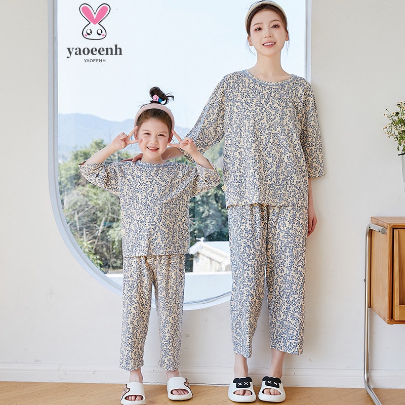 【YAOEENH】Bộ Đồ Ngủ Pijama Tay Dài Phối Ren Hoa 90-180cm Dành Cho Mẹ Và Bé