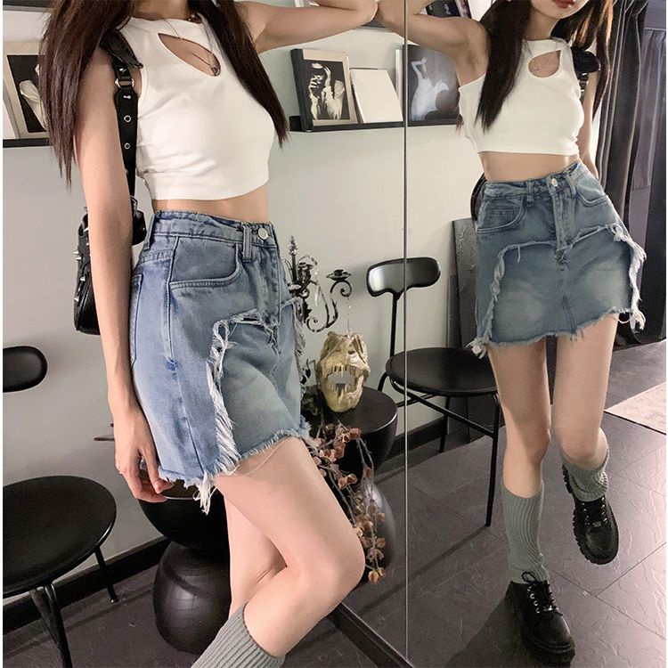 Jiashucheng Chân Váy Denim Dáng Chữ A Lưng Cao Phối Tua Rua Size Lớn Thời Trang Xuân Hè Cho Nữ