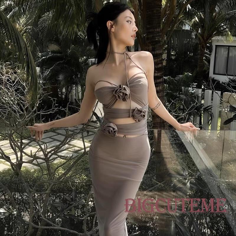 Đầm Hai Dây Màu Trơn Họa Tiết Hoa 3D Thời Trang Mùa Hè Cho Nữ