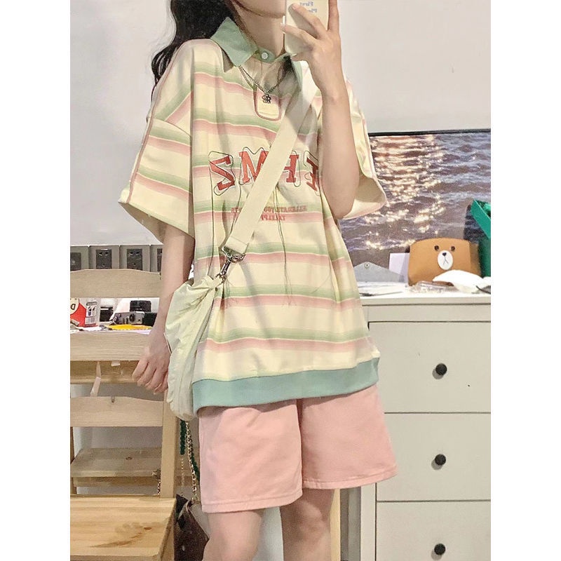 Áo polo Ngắn Tay Dáng Rộng Họa Tiết Kẻ Sọc Màu Tương Phản Thời Trang Mùa Hè Cho Nữ