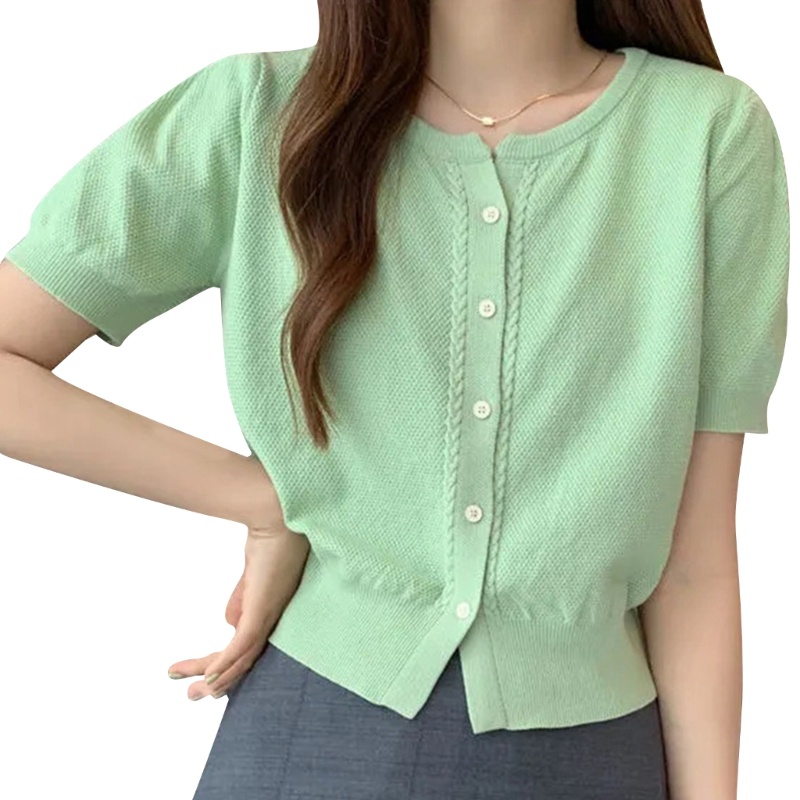 Áo Cardigan Dệt Kim Tay Ngắn Cổ Tròn Mềm Mại Màu Trơn Dành Cho Nữ
