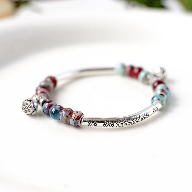 Fancy Vòng Đeo Tay Chuỗi Hạt Gốm Hình Hoa Sen Phong Cách Dân Tộc Cổ Điển Có Dây Thun Co Giãn Dành Cho Bạn Bè