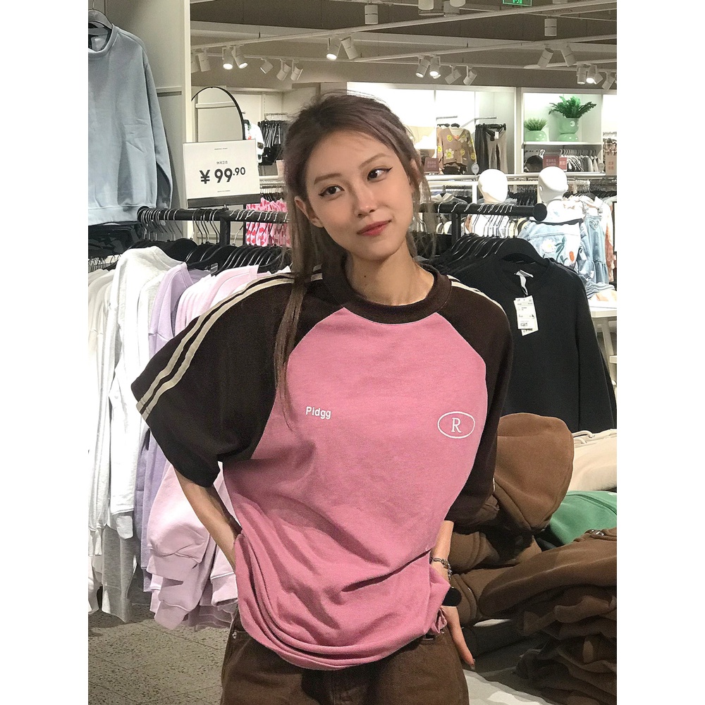 Ethelgirl Áo Thun Tay Ngắn Cổ Tròn Dáng Rộng Màu Sắc Khối Lập Phương Phong Cách Mỹ Cổ Điển Thời Trang Cho