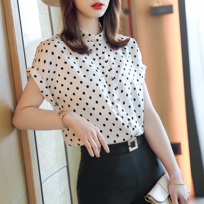 Áo Sơ Mi Chiffon Tay Ngắn Cổ Đứng In Họa Tiết Chấm Bi Thời Trang Cho Nữ