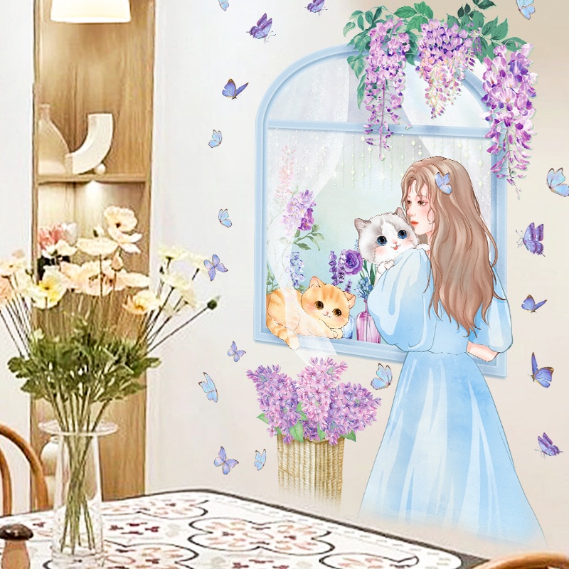 Giấy Dán Tường Hình Mèo Hoạt Hình Trang Trí Phòng Bé Gái