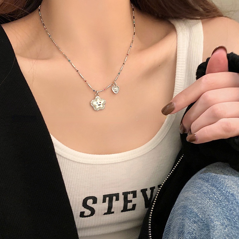 Vòng cổ hoa, vòng cổ mặt cười dễ thương, vòng cổ hạt màu, dây chuyền Hàn Quốc, vòng cổ hip hop dễ thương phụ nữ