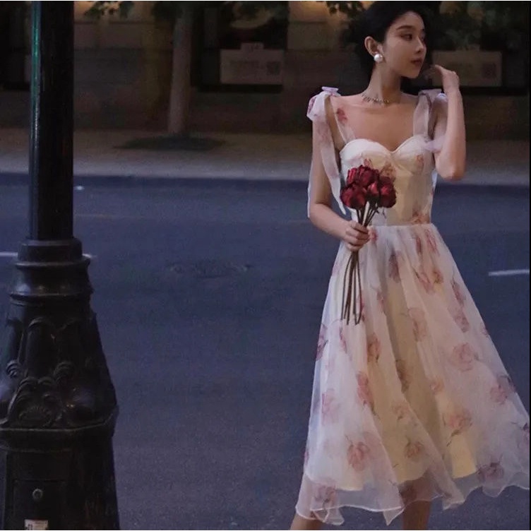 Đầm Hoa Hai Dây Dáng Chữ A Phong Cách Pháp Thời Trang Hè Xinh Xắn Cho Nữ