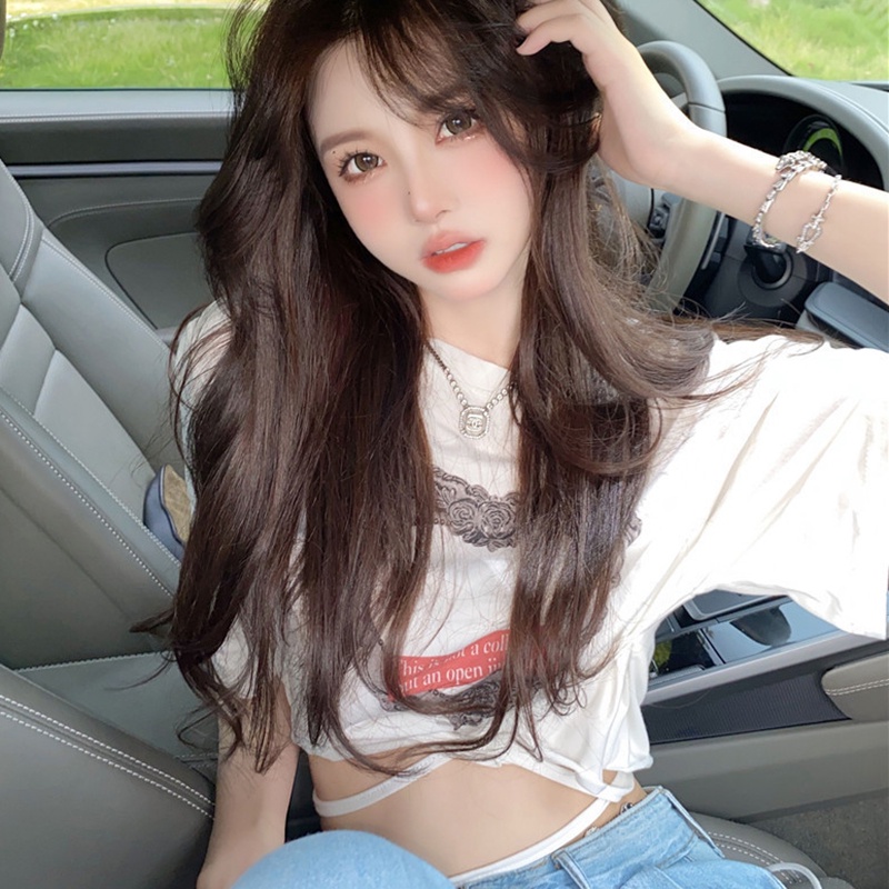 IELGY  Áo Thun Ngắn Tay Ôm Dáng Hở Rốn In Họa Tiết Thời Trang Cho Nữ