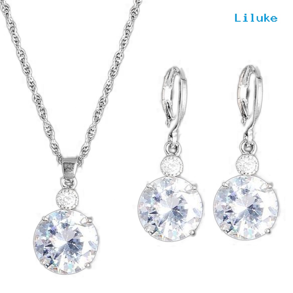 Bộ Vòng cổ + Đôi Khuyên Tai Mặt Tròn Đính Đá Nhân Tạo Thời Trang Cho Nữ