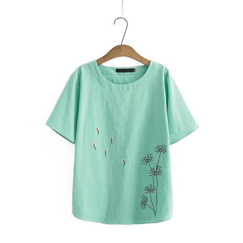Áo Thun Cotton Lanh Tay Ngắn Dáng Rộng Thêu Họa Tiết Thời Trang Mùa Hè 2023 Cho Nữ Trung Niên 2022