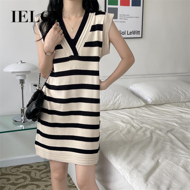 IELGY   Đầm Dệt Kim Sát Nách Kẻ Sọc Ngang Phong Cách retro hong kong Cho Nữ