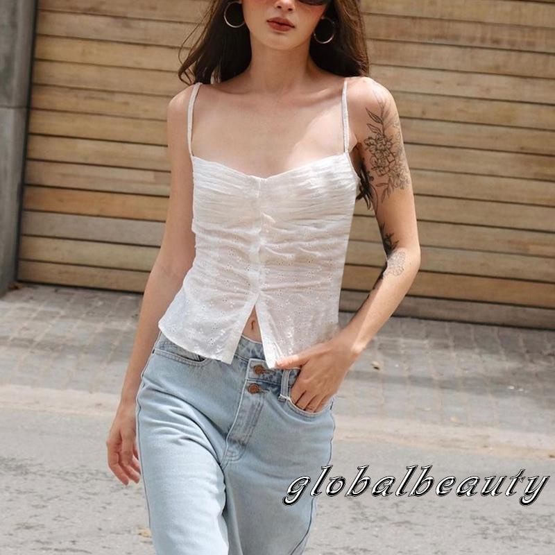 Gb Áo Tank Top Hai Dây Mỏng Sát Nách Đính Nút Hoa Khoét Rỗng Cho Nữ