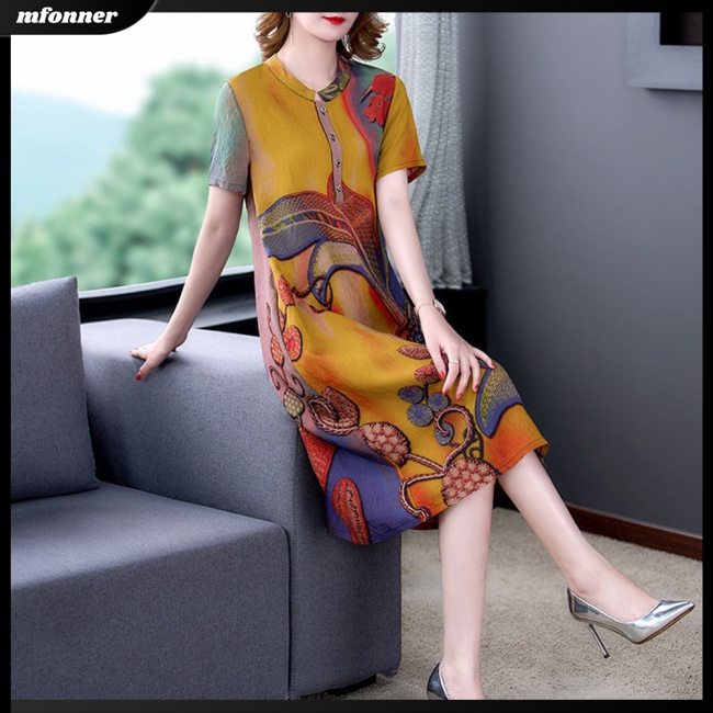 Đầm Midi Chữ A Tay Ngắn Cổ Tròn Dáng Rộng In Họa Tiết Cổ Điển Có Size Lớn Cho Nữ