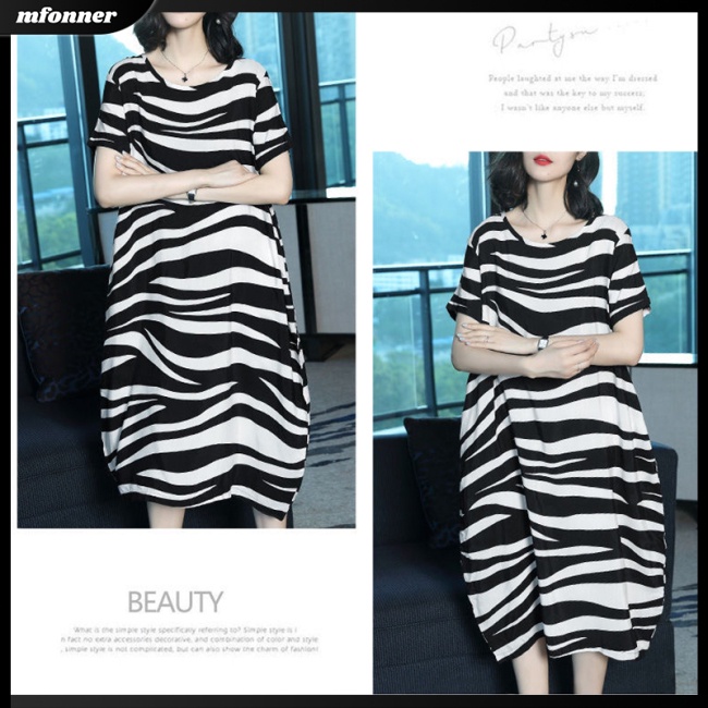 Đầm Tay Ngắn Cổ Tròn Dáng Rộng Họa Tiết Kẻ Sọc Thời Trang Cho Nữ