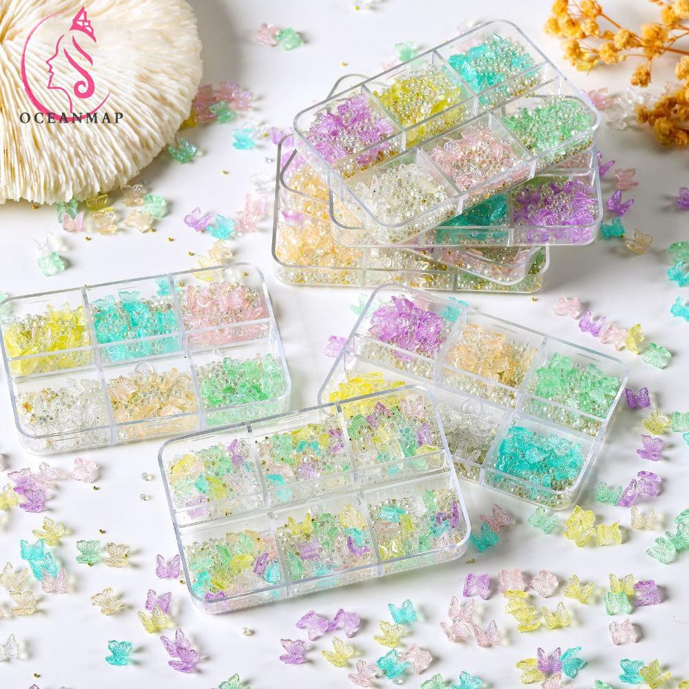 [Hàng mới về] Hộp 6 ngăn phụ kiện hạt charm bướm hỗn hợp 3D từ nhựa resin lấp lánh thời trang nhiều màu sắc DIY