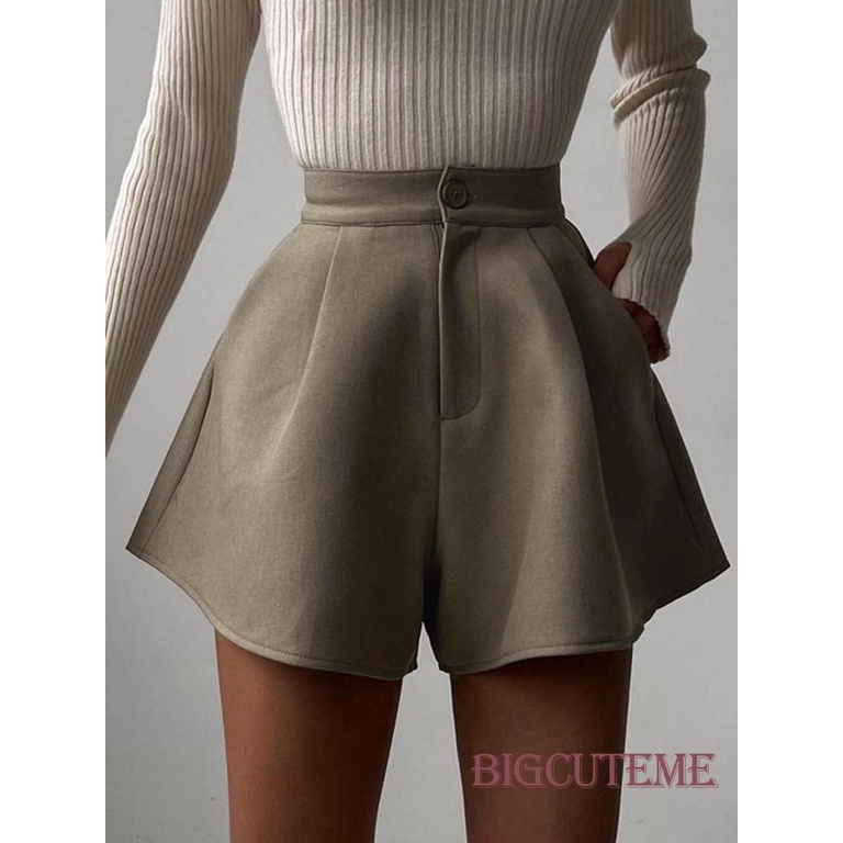 [] - Quần ngắn ống rộng Lưng Cao Màu Trơn Thời Trang Mùa Thu Đơn Giản Khí Chất Retro.Apricot / Nâu Cho Nữ