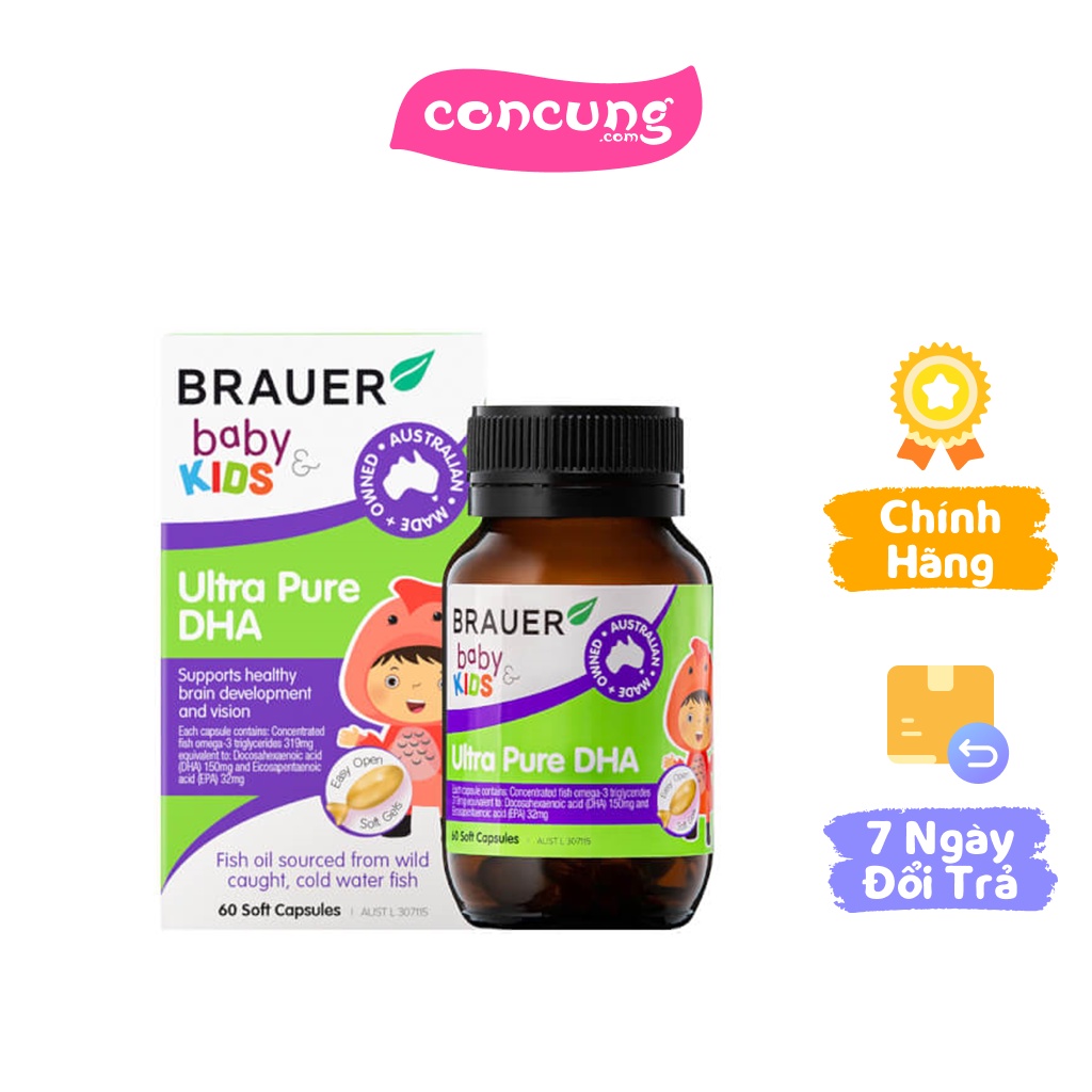 Viên bổ sung dầu cá tinh khiết cho bé từ 7 tháng tuổi Brauer Baby & Kids Ultra Pure DHA